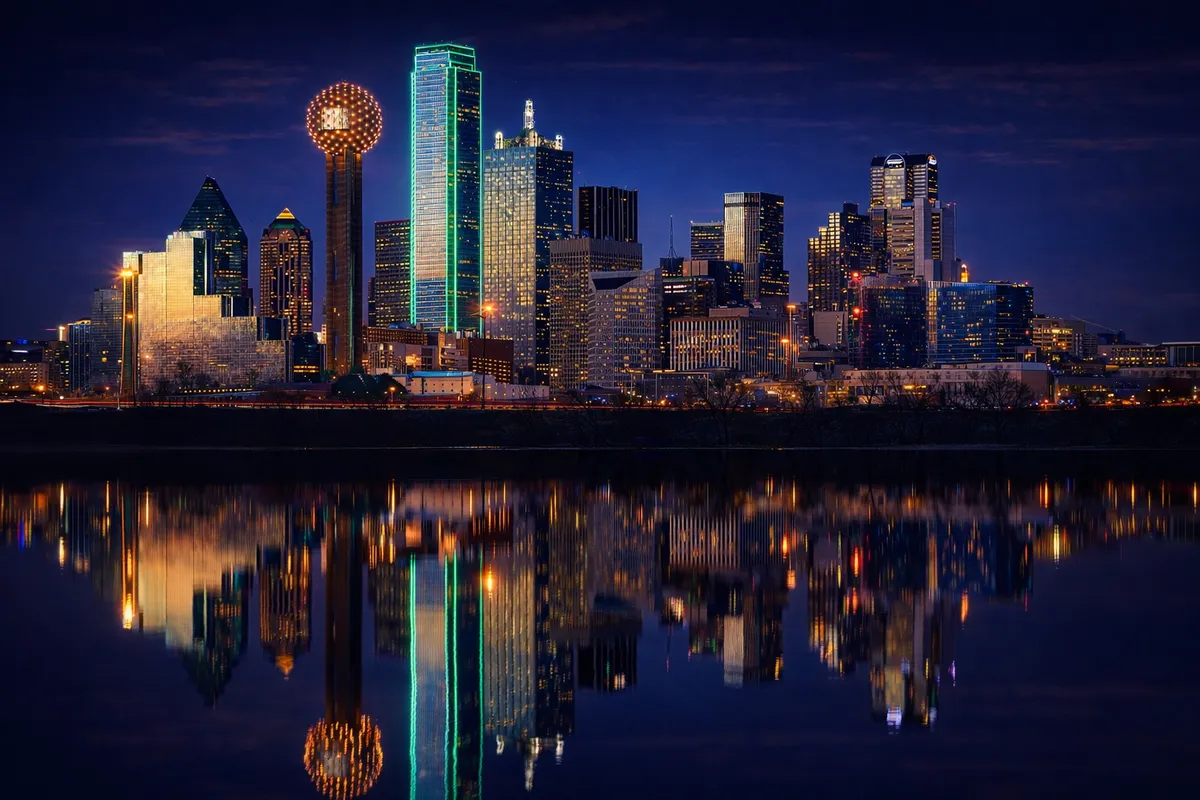 Dallas skyline at dusk symbolizing PONOQ software delivery in Texas